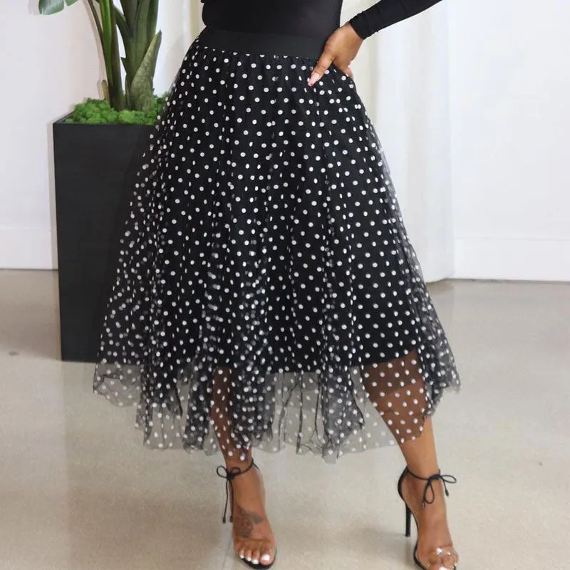 Polka Dot Print High Waist Mesh Skirt