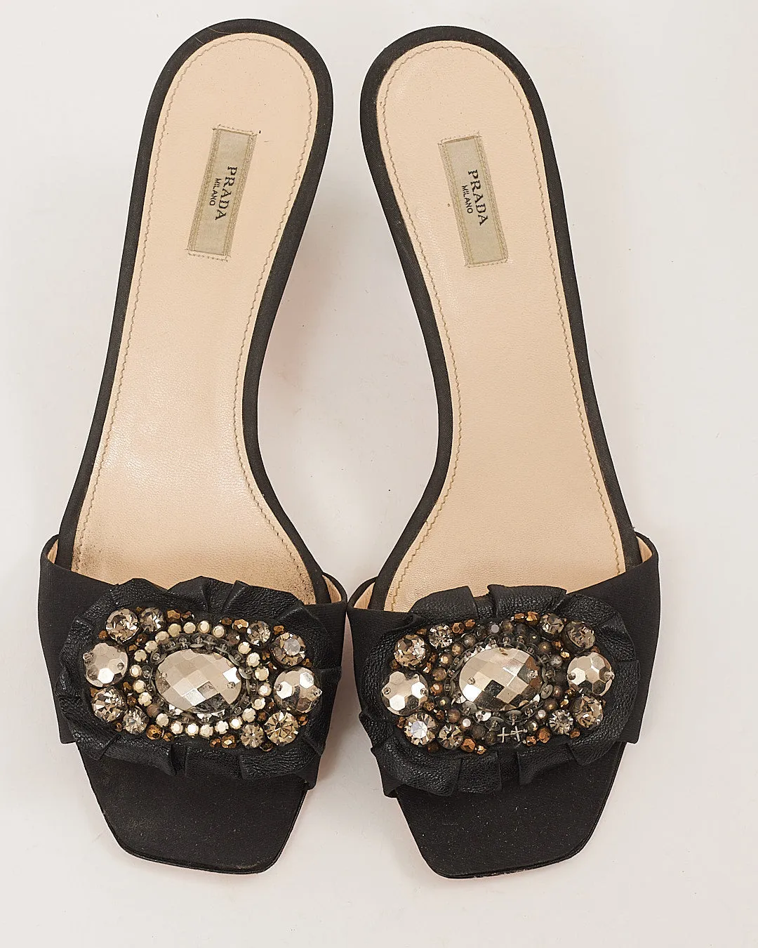 Prada Black Satin Jewel Detail Mules - 36.5
