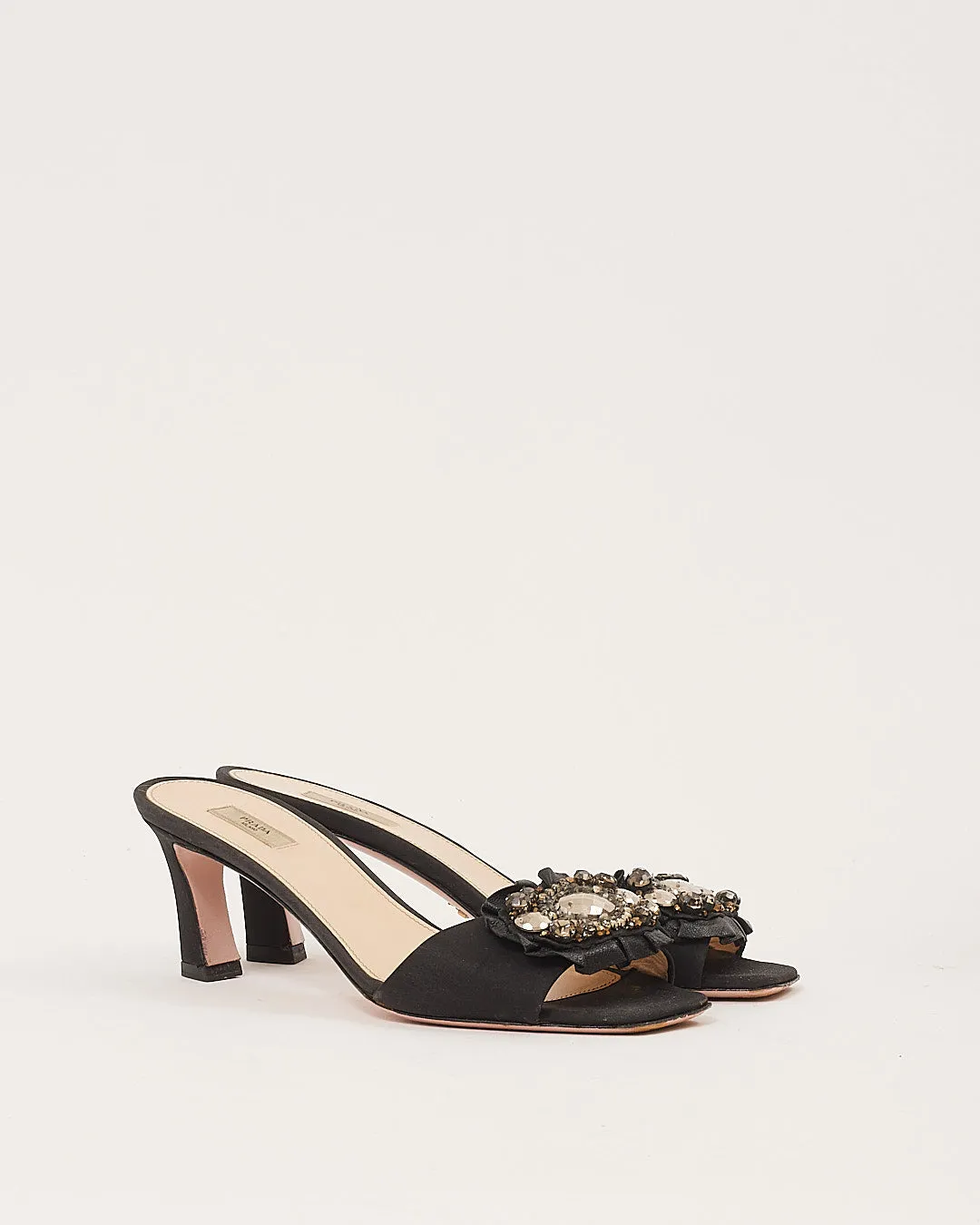 Prada Black Satin Jewel Detail Mules - 36.5