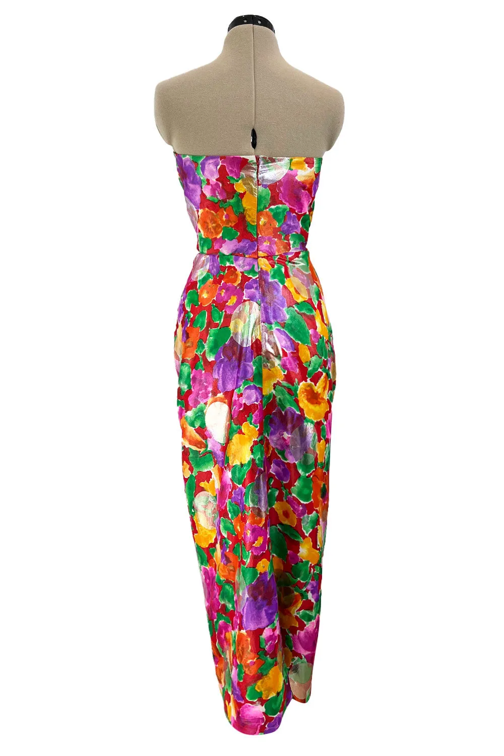 Prettiest 1980s Arnold Scaasi Strapless Metallic Finished Brilliant Floral Print Dress w Bow
