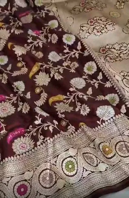 Pure Banarasi Khaddi Katan Silk Kadiyal Allover Designer Work Handloom Saree
