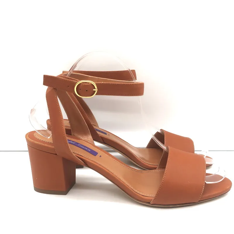Ralph Lauren Purple Label Ankle Strap Block Heel Sandals Brown Leather Size 38.5