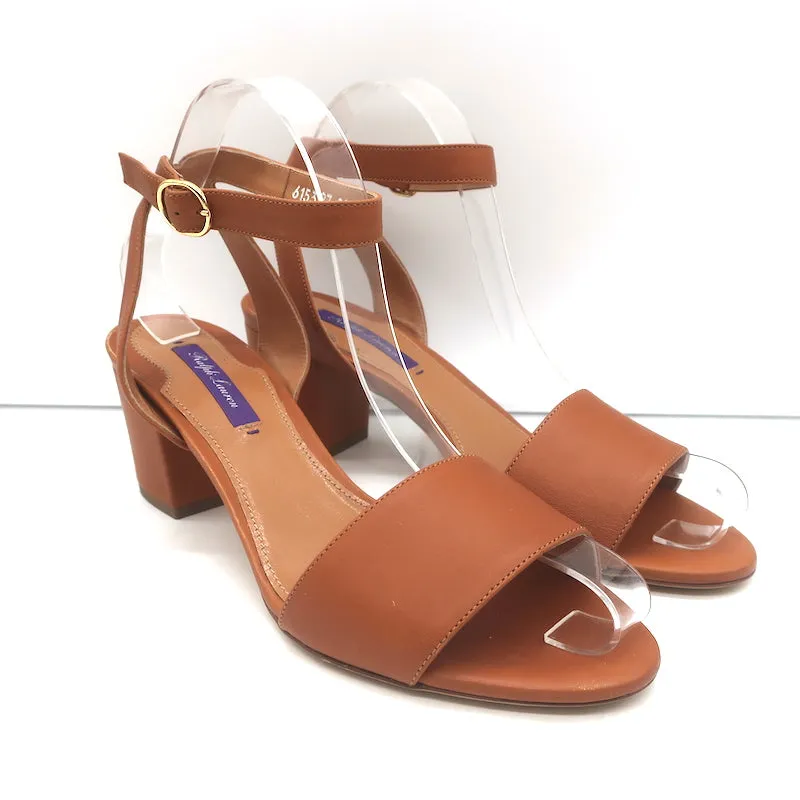 Ralph Lauren Purple Label Ankle Strap Block Heel Sandals Brown Leather Size 38.5