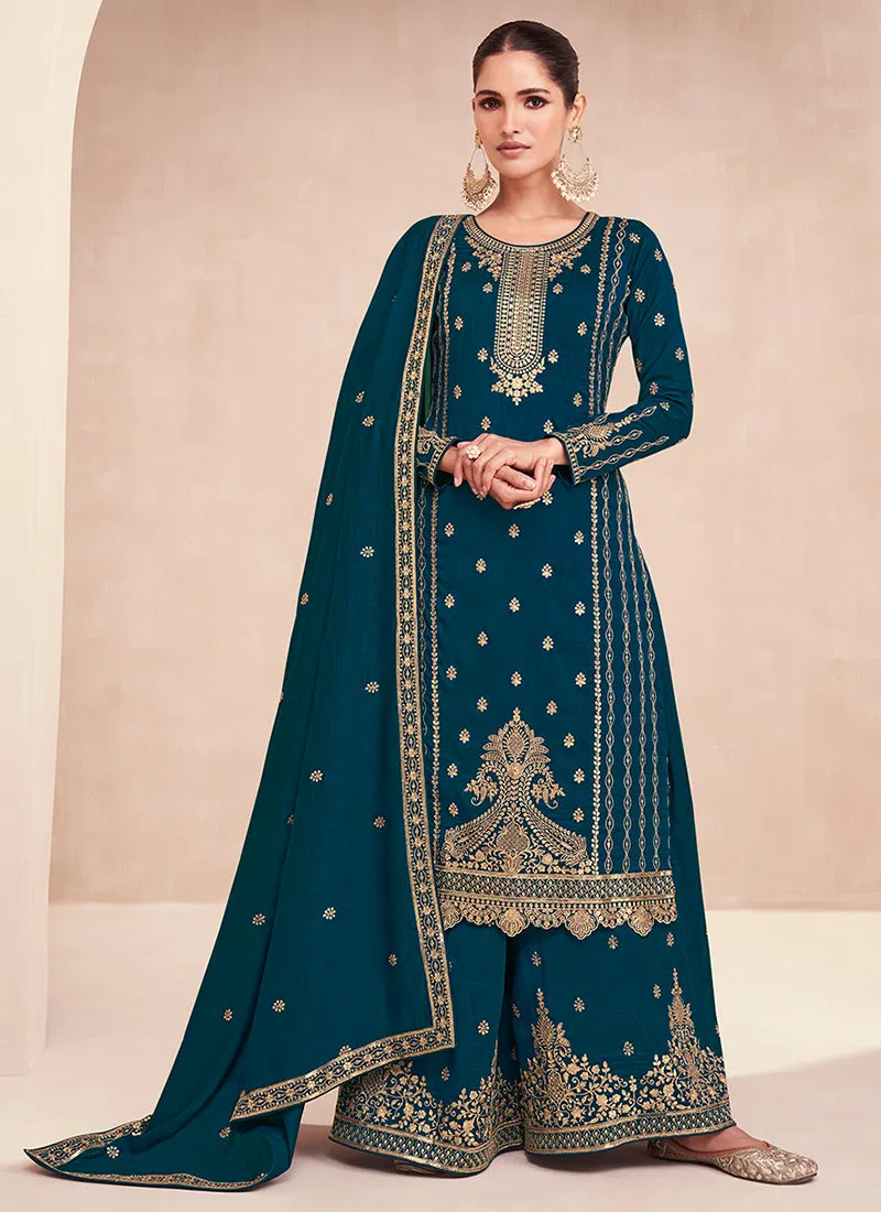 Rama Green Embroidery Wedding Palazzo Suit