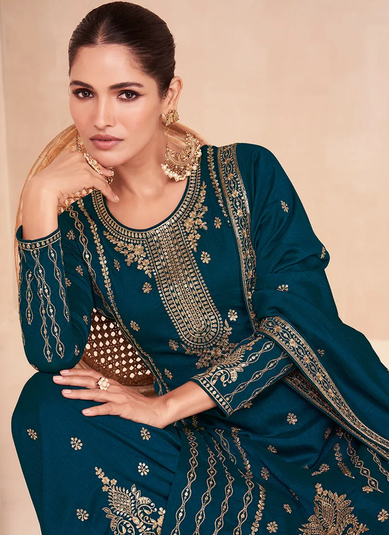 Rama Green Embroidery Wedding Palazzo Suit