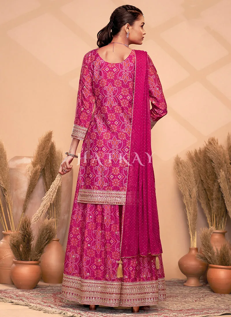 Rani Pink Mirror Embroidery Bandhani Printed Sharara Suit
