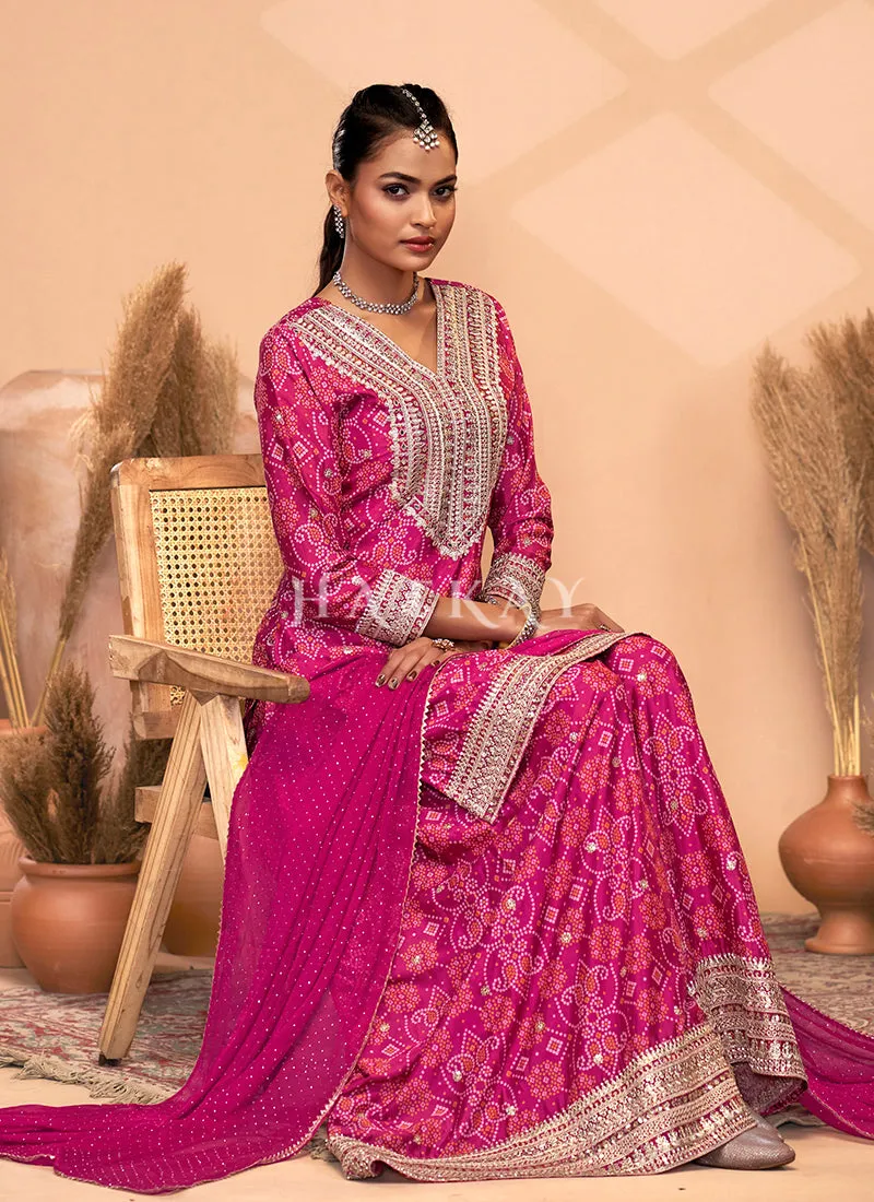Rani Pink Mirror Embroidery Bandhani Printed Sharara Suit