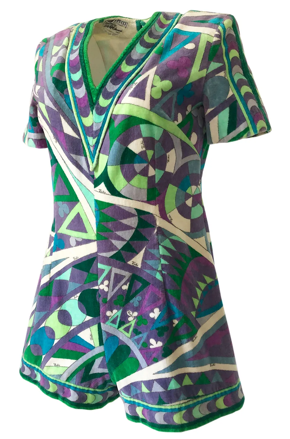 Rare 1960s Emilio Pucci Terry Cloth Pale Purple & Green Print Playsuit