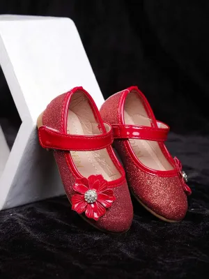 Red Pink Glitter Ballerinas with Attached 3D Flowers for Girls