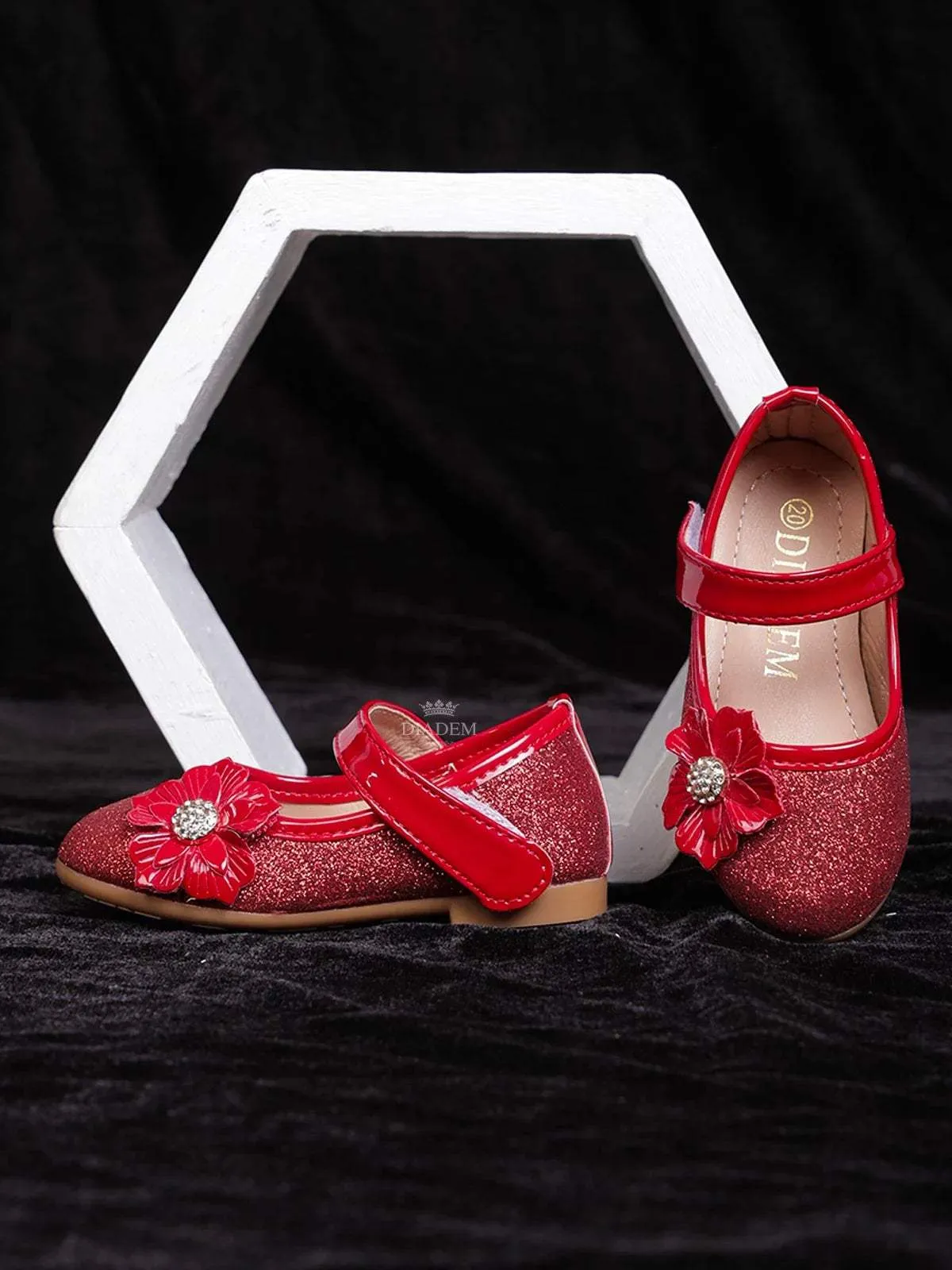 Red Pink Glitter Ballerinas with Attached 3D Flowers for Girls