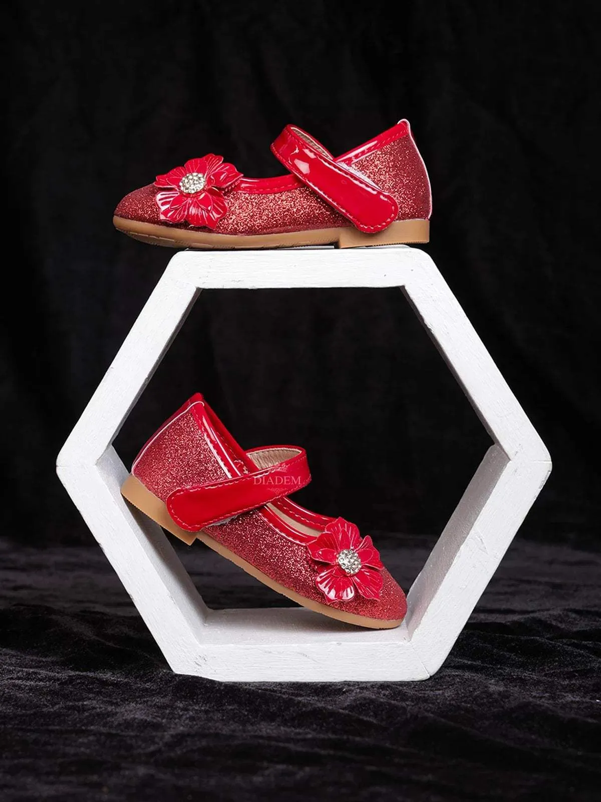 Red Pink Glitter Ballerinas with Attached 3D Flowers for Girls