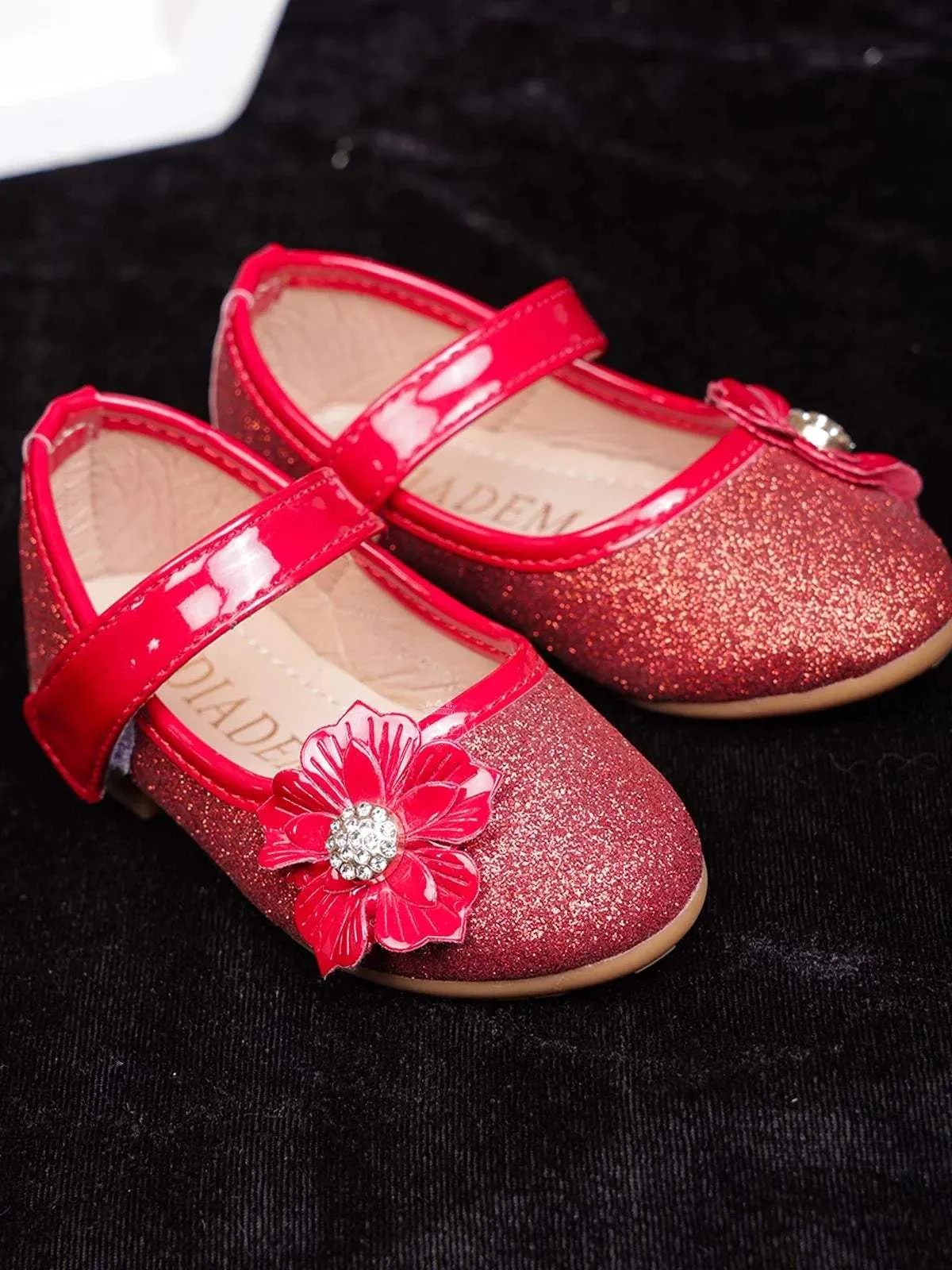 Red Pink Glitter Ballerinas with Attached 3D Flowers for Girls