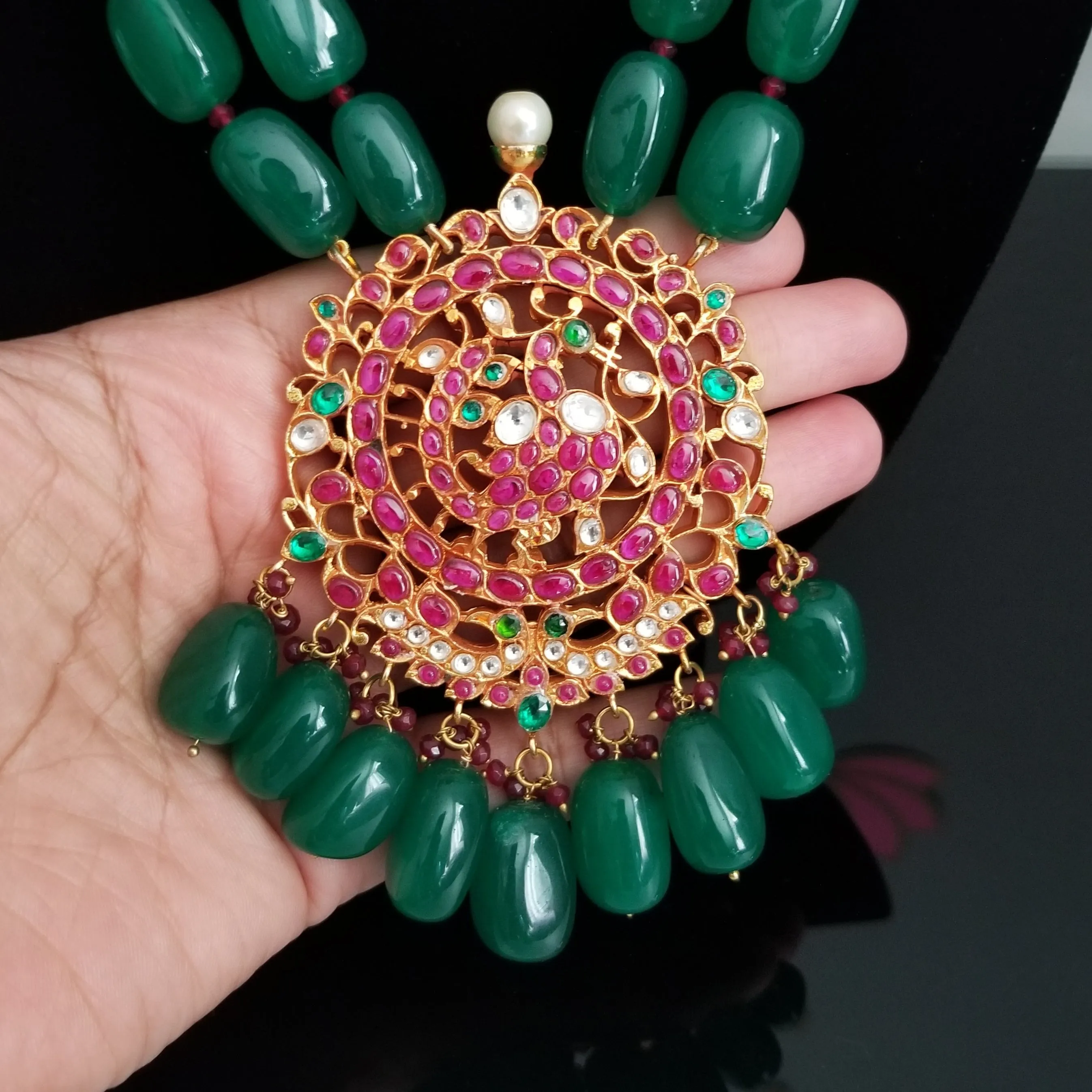 Reserved For Maha Lakshmi Hard Gold Plated Kundan Peacock Pendant With Pearls Maala