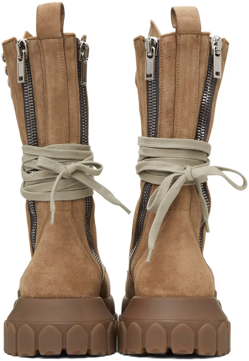 RICK OWENS Taupe Lace-Up Tractor Boots