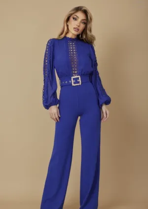 ROSAURA ROYAL BLUE CROCHET LACE JUMPSUIT – ELEGANT LONG-SLEEVE WIDE-LEG ONE-PIECE