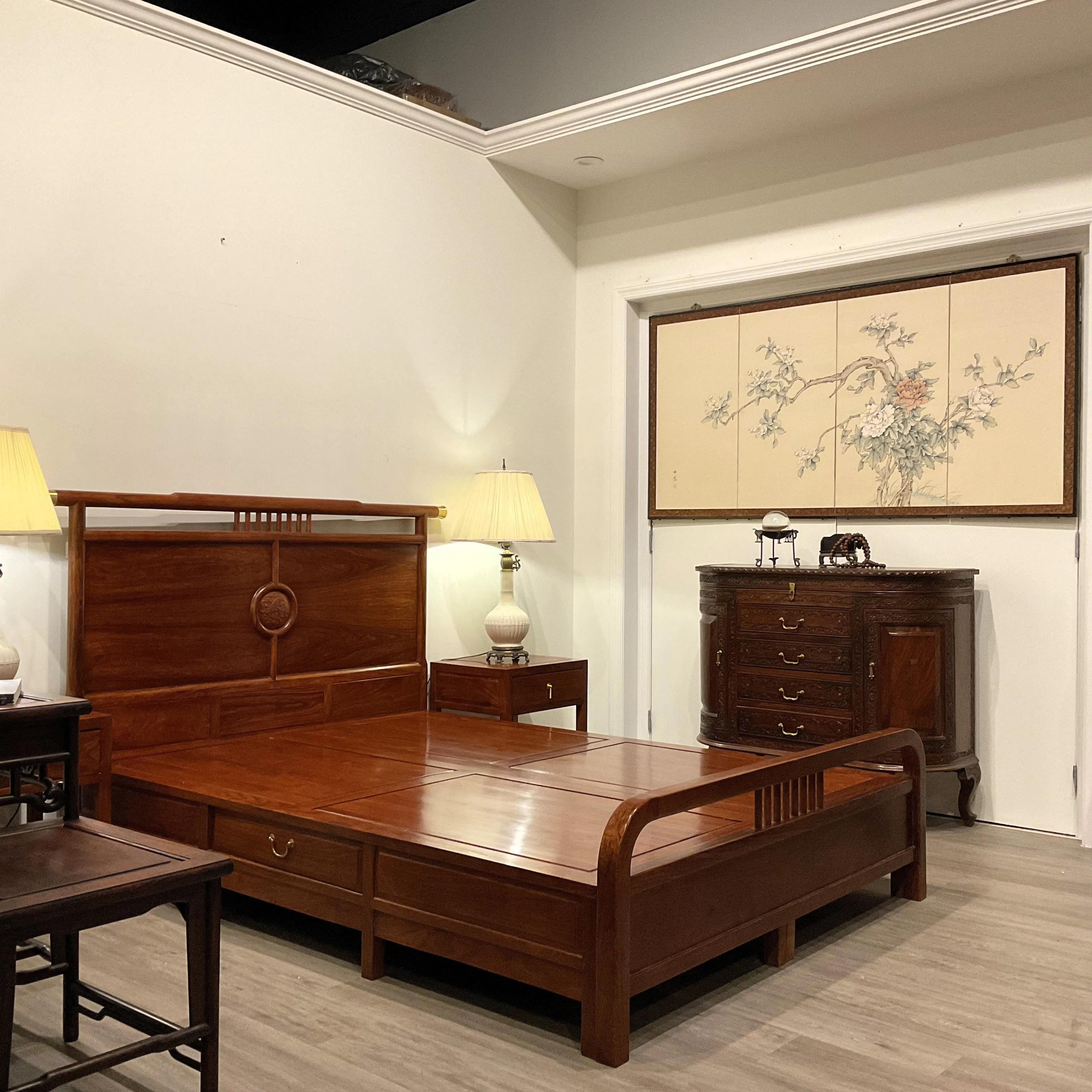 Rosewood Queen Size Chinese Platform Bed with Drawers and Two Night Stand