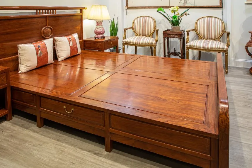 Rosewood Queen Size Chinese Platform Bed with Drawers and Two Night Stand