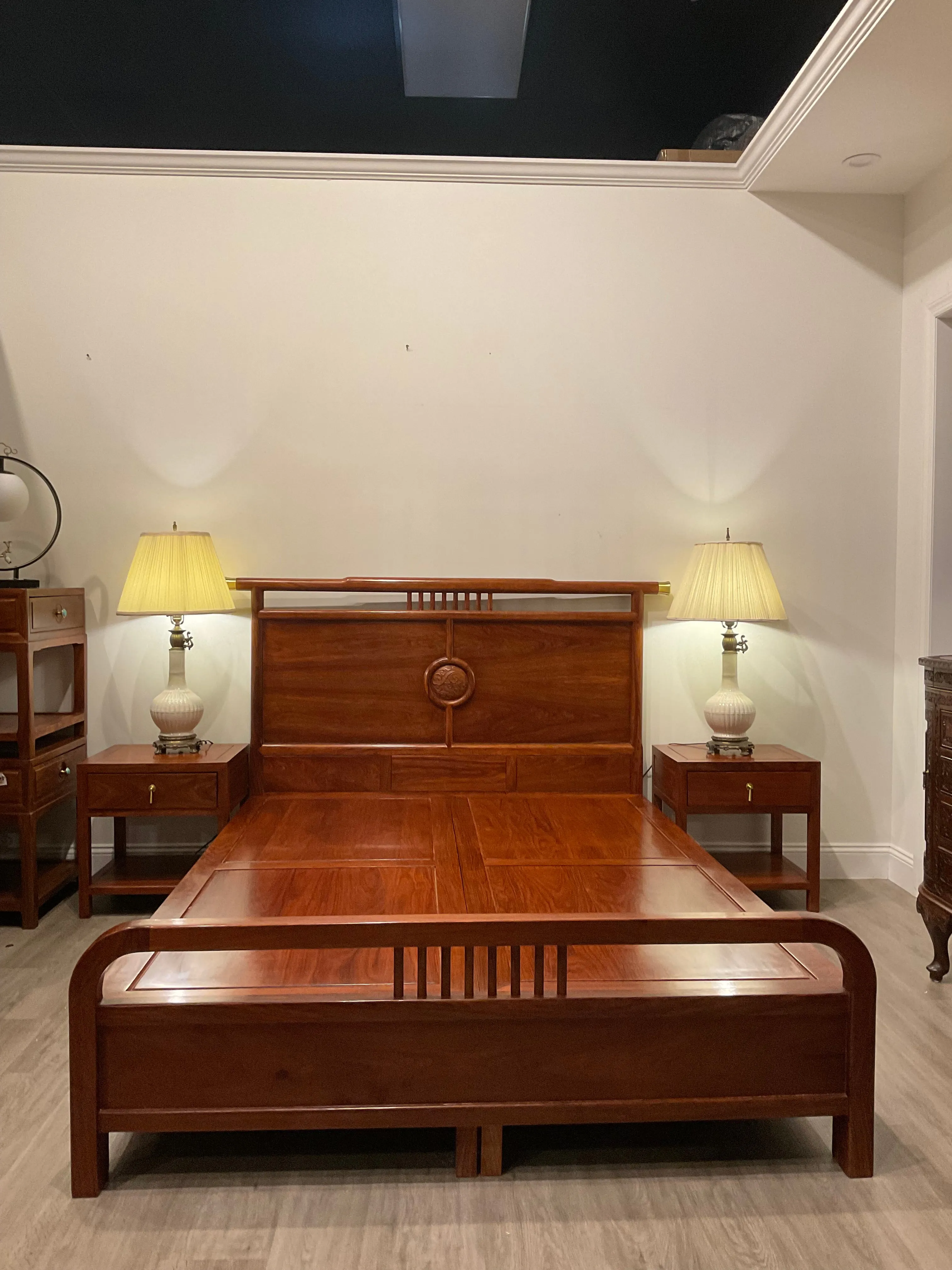 Rosewood Queen Size Chinese Platform Bed with Drawers and Two Night Stand