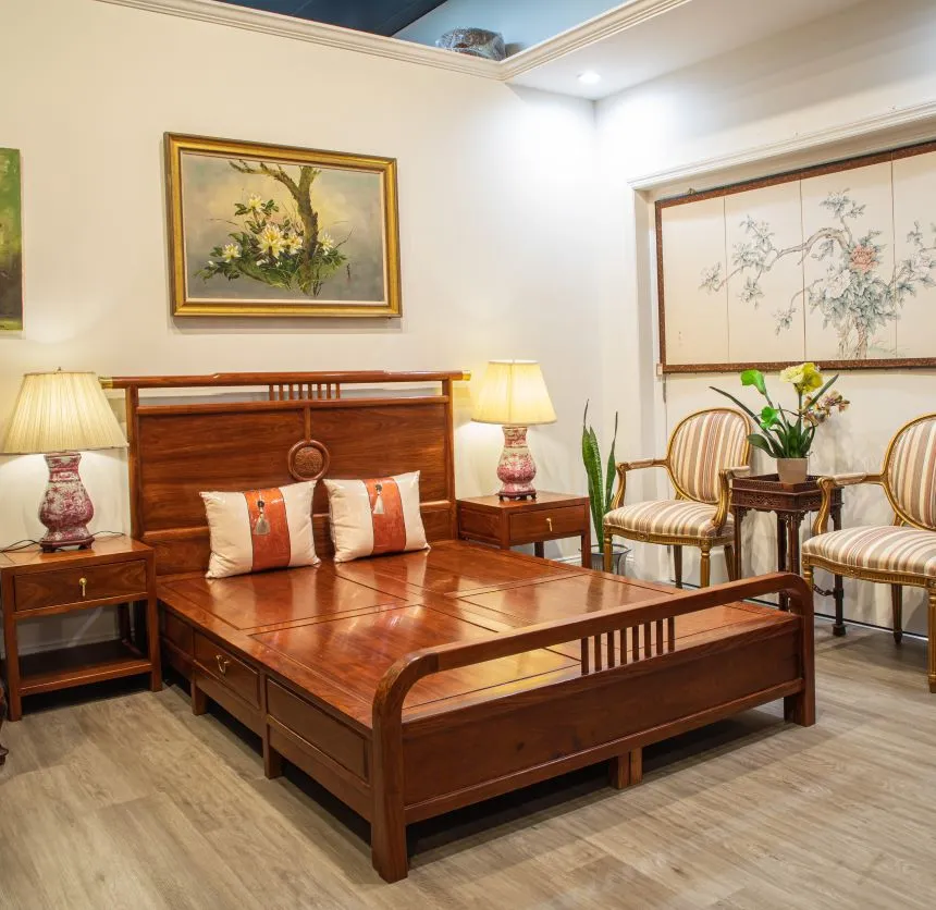 Rosewood Queen Size Chinese Platform Bed with Drawers and Two Night Stand