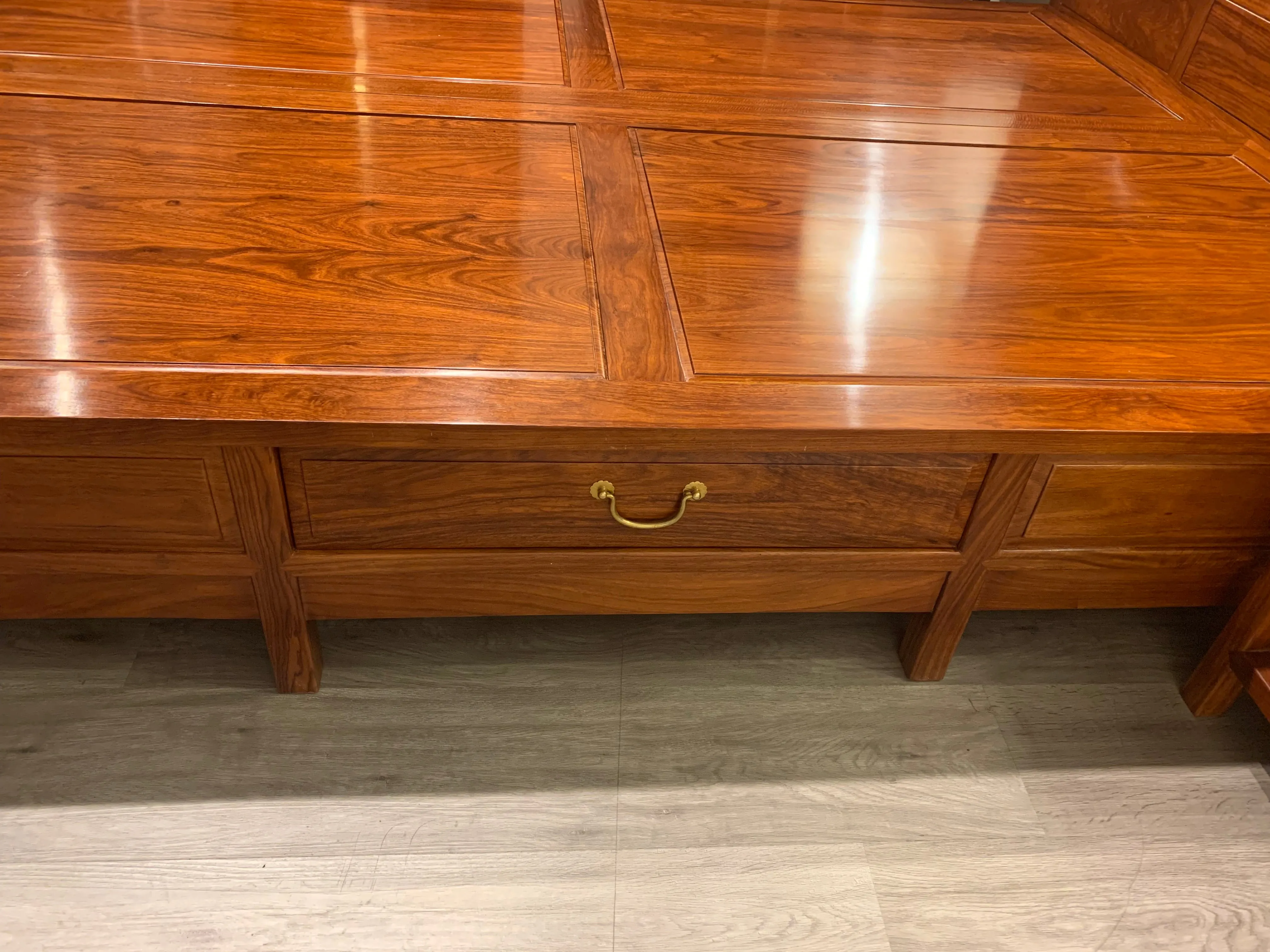 Rosewood Queen Size Chinese Platform Bed with Drawers and Two Night Stand