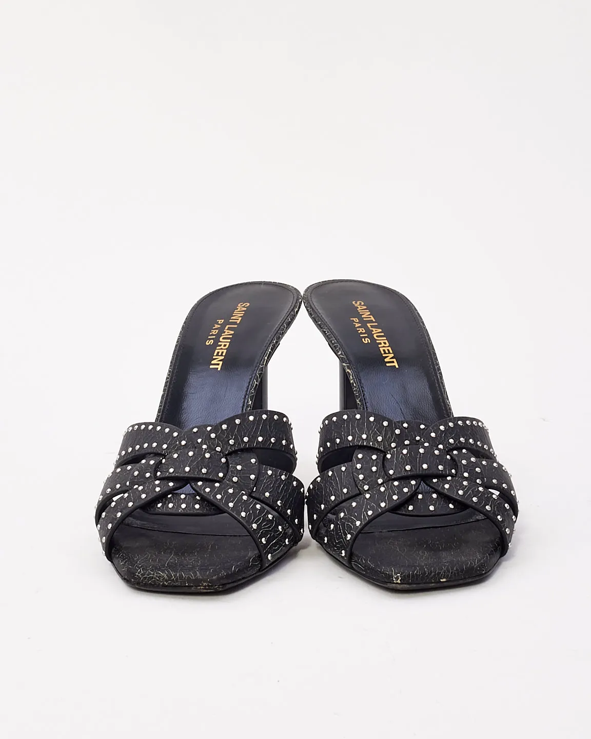 Saint Laurent Black Leather Tribute Studded Heeled Mules - 37.5