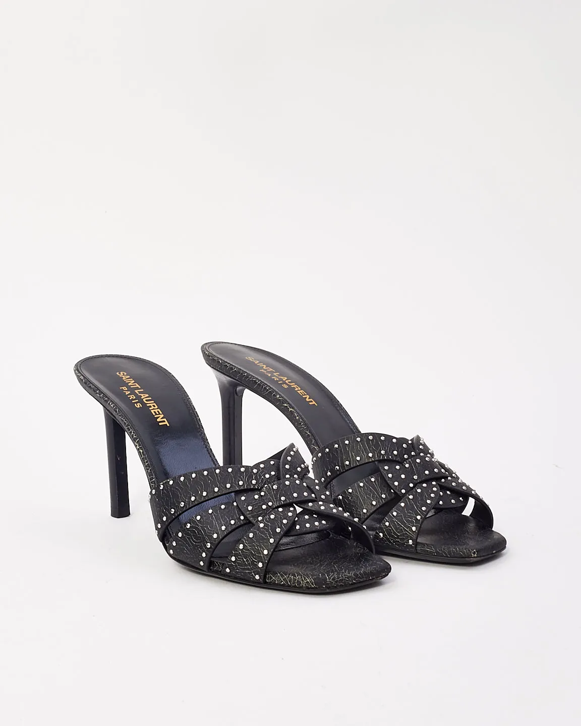 Saint Laurent Black Leather Tribute Studded Heeled Mules - 37.5