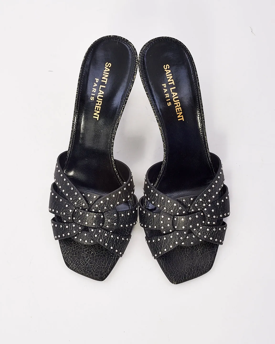 Saint Laurent Black Leather Tribute Studded Heeled Mules - 37.5