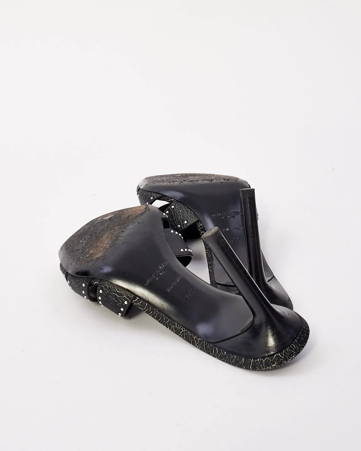 Saint Laurent Black Leather Tribute Studded Heeled Mules - 37.5