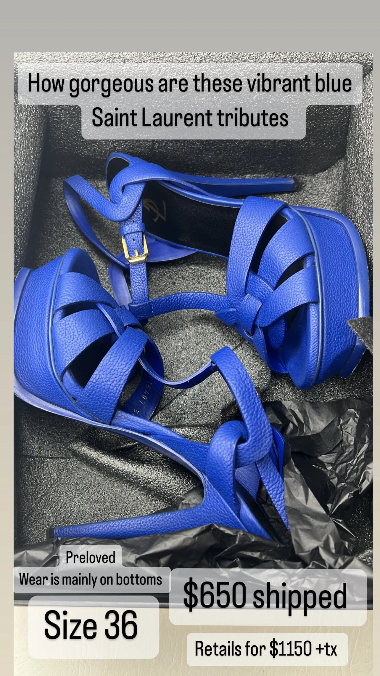 Saint Laurent Ysl Tribute Platform Sandal blue leather sandal heels size 36/ 6