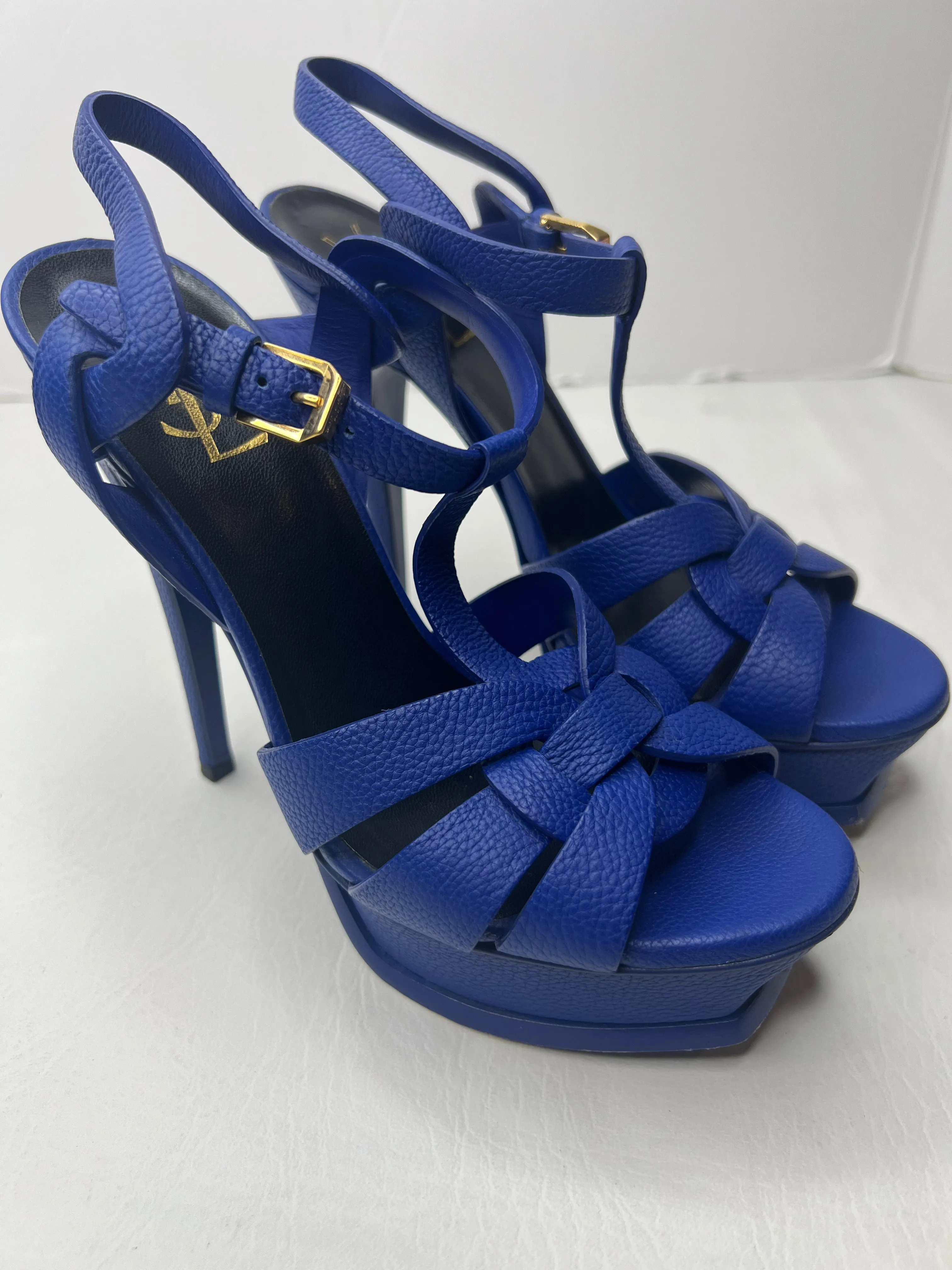 Saint Laurent Ysl Tribute Platform Sandal blue leather sandal heels size 36/ 6