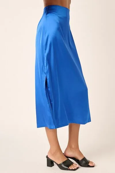 Sapphire Side Slit Satin Midi Skirt