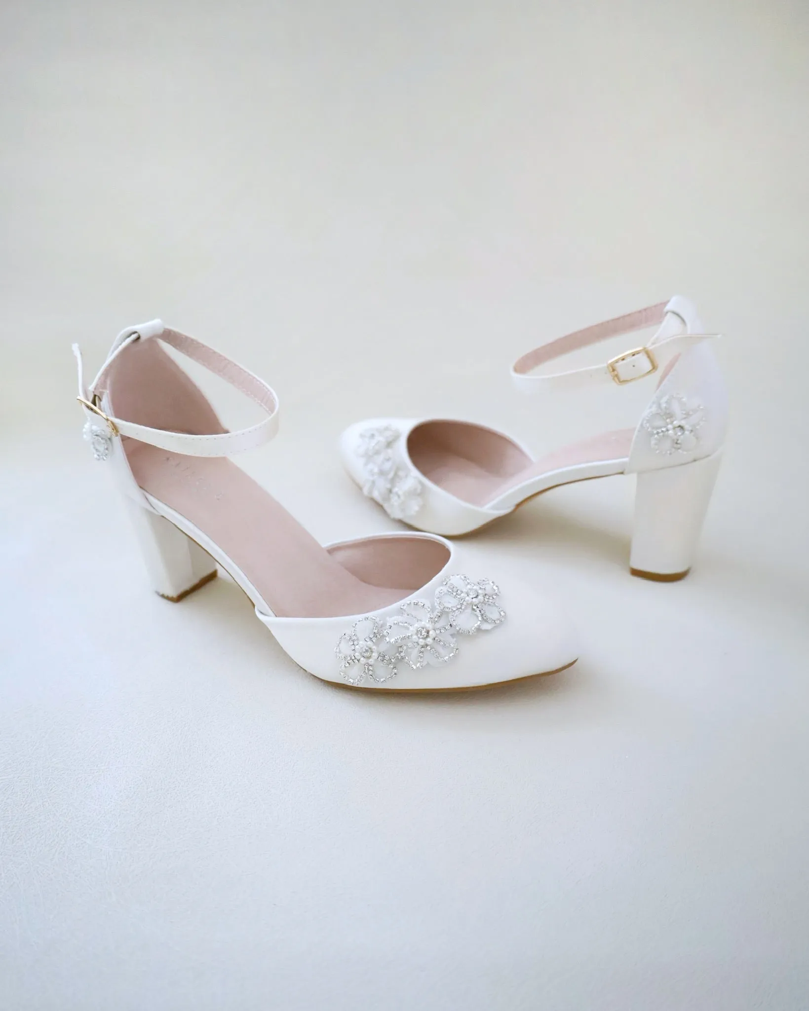 Satin Wedding Block Heel with Rhinestones Chassia Flower