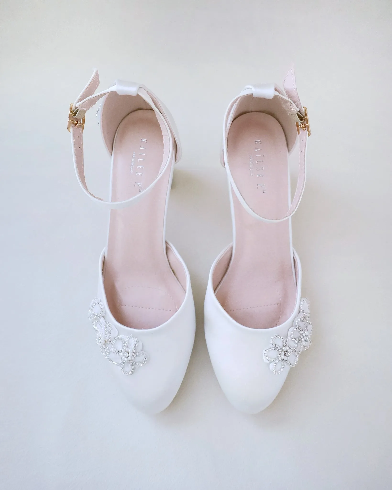 Satin Wedding Block Heel with Rhinestones Chassia Flower