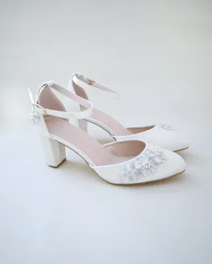 Satin Wedding Block Heel with Rhinestones Chassia Flower