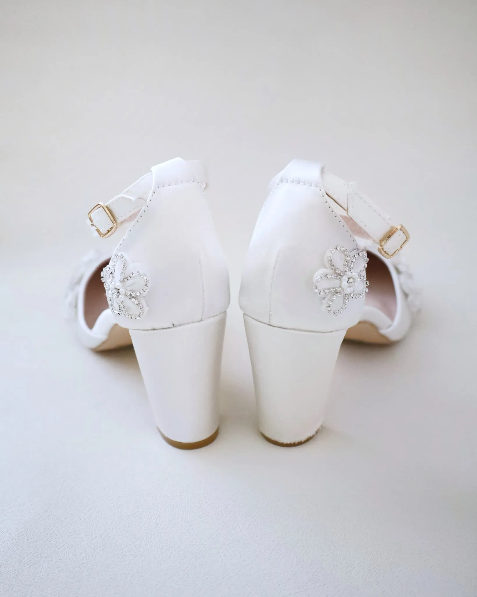 Satin Wedding Block Heel with Rhinestones Chassia Flower