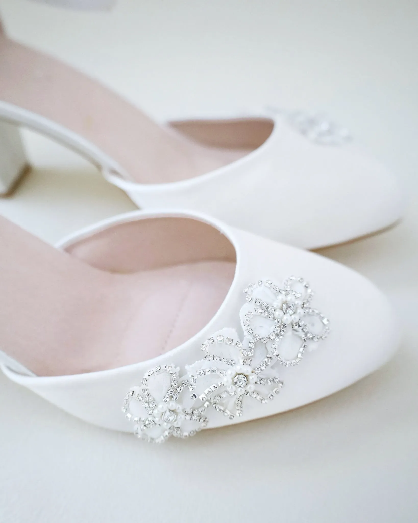 Satin Wedding Block Heel with Rhinestones Chassia Flower