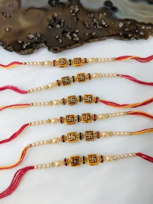 (Set of 6) Om & Swastik Rakhi for Men Gold Plated White Pearl Rakhi