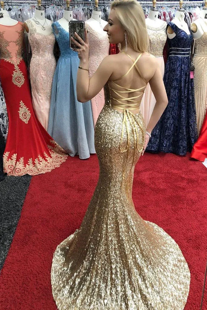 Sexy Elegant Gold Sequins Long V Neck Mermaid Evening Dress Prom Dress With Slit OHC395