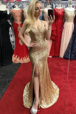 Sexy Elegant Gold Sequins Long V Neck Mermaid Evening Dress Prom Dress With Slit OHC395
