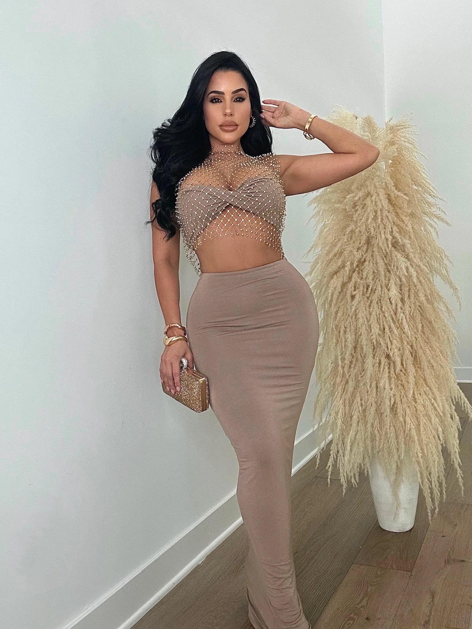 She's The Moment Rhinestone Crop Top Gold