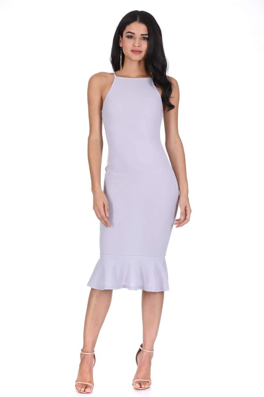 Silver Bodycon Midi Dress With Frill Hem