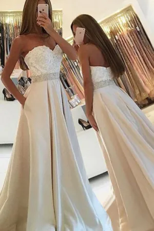 Simple Sweetheart Sleeveless Floor-Length Pockets Ivory Prom Dress with Lace Beading LPD054