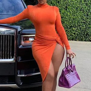 Solid Long Sleeve Twisted High Slit Dress