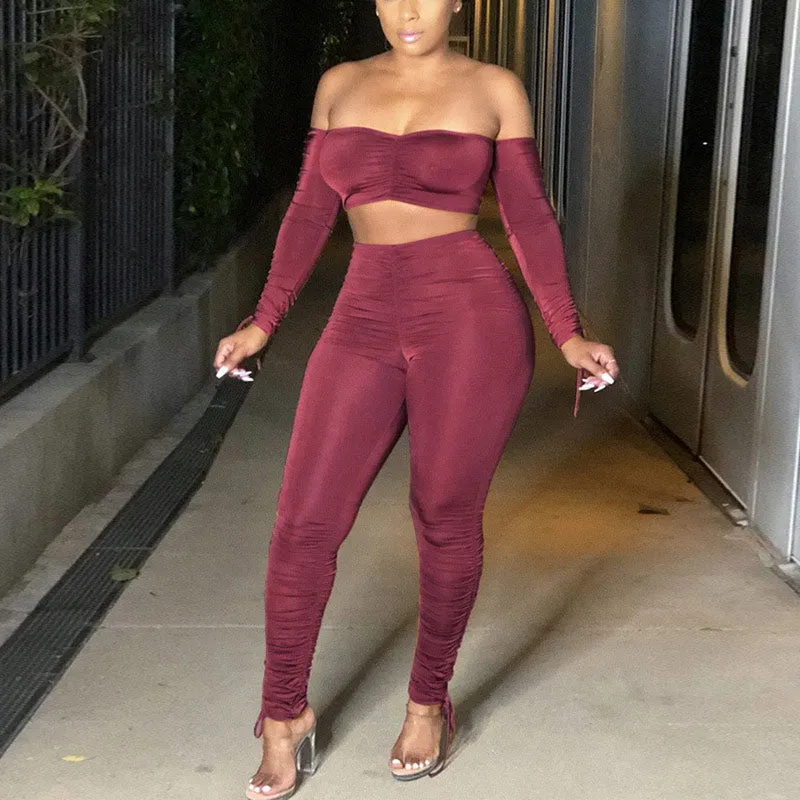 Solid Pleats Off Shoulder Long Sleeve Top & High Waist Pants Set