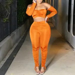 Solid Pleats Off Shoulder Long Sleeve Top & High Waist Pants Set
