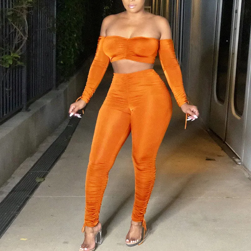 Solid Pleats Off Shoulder Long Sleeve Top & High Waist Pants Set