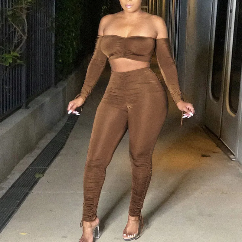 Solid Pleats Off Shoulder Long Sleeve Top & High Waist Pants Set