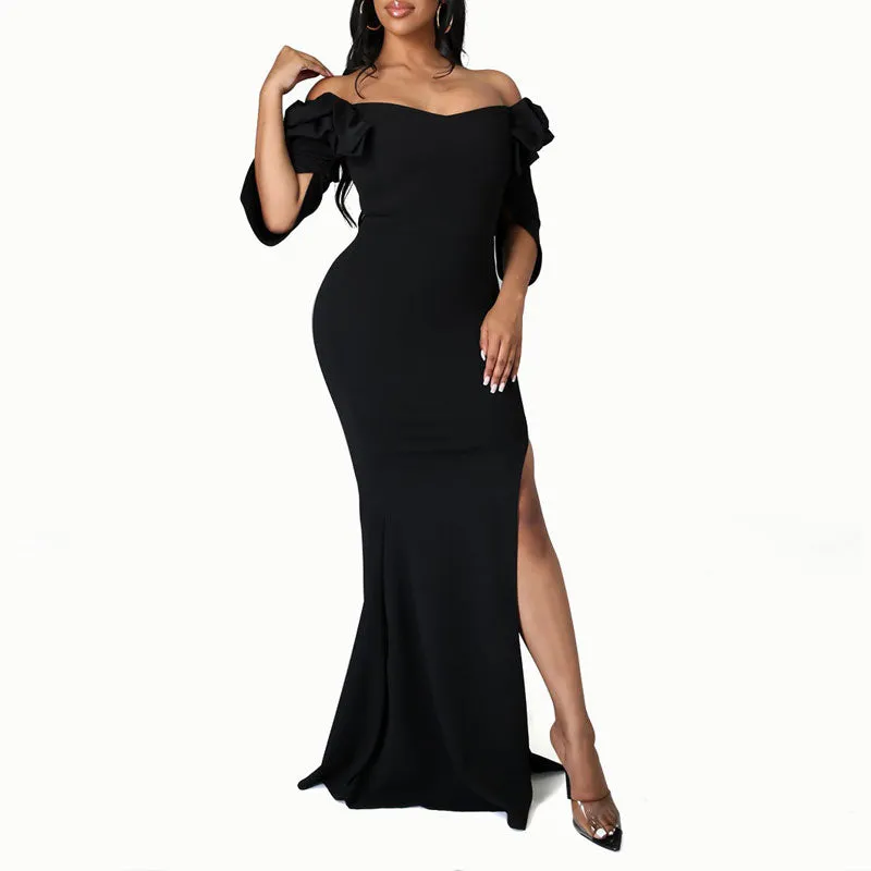 Solid Ruffle Design Short Sleeve High Slit Maxi Dress