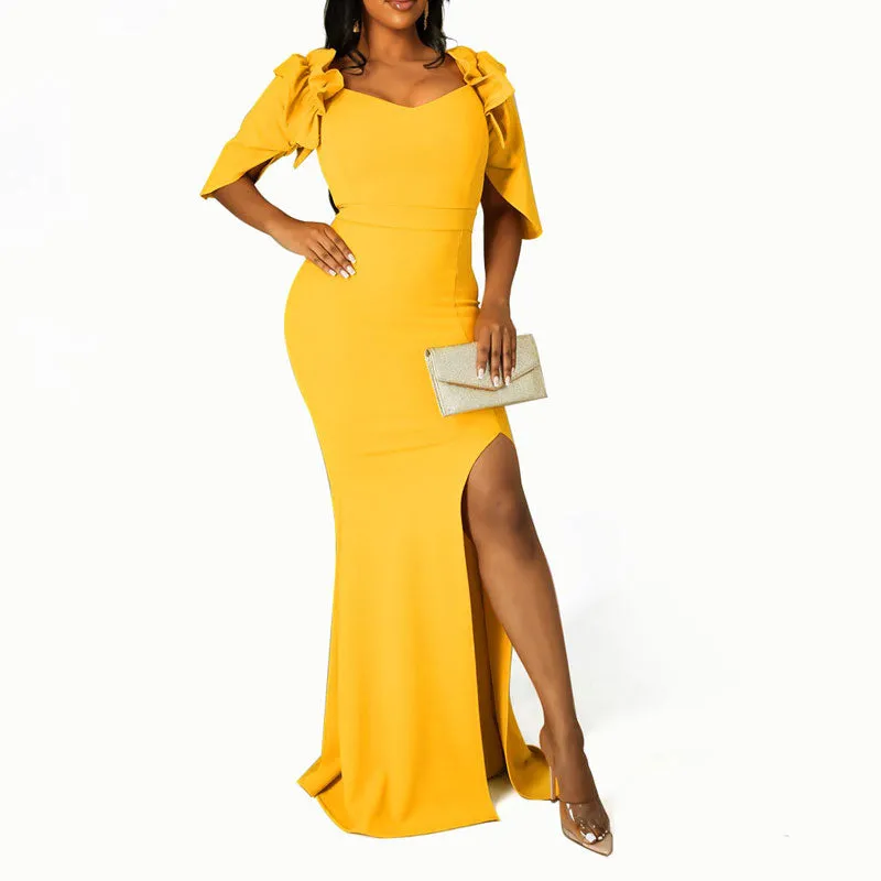 Solid Ruffle Design Short Sleeve High Slit Maxi Dress