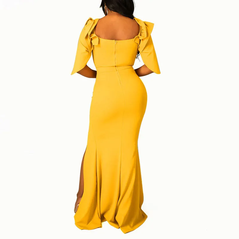 Solid Ruffle Design Short Sleeve High Slit Maxi Dress